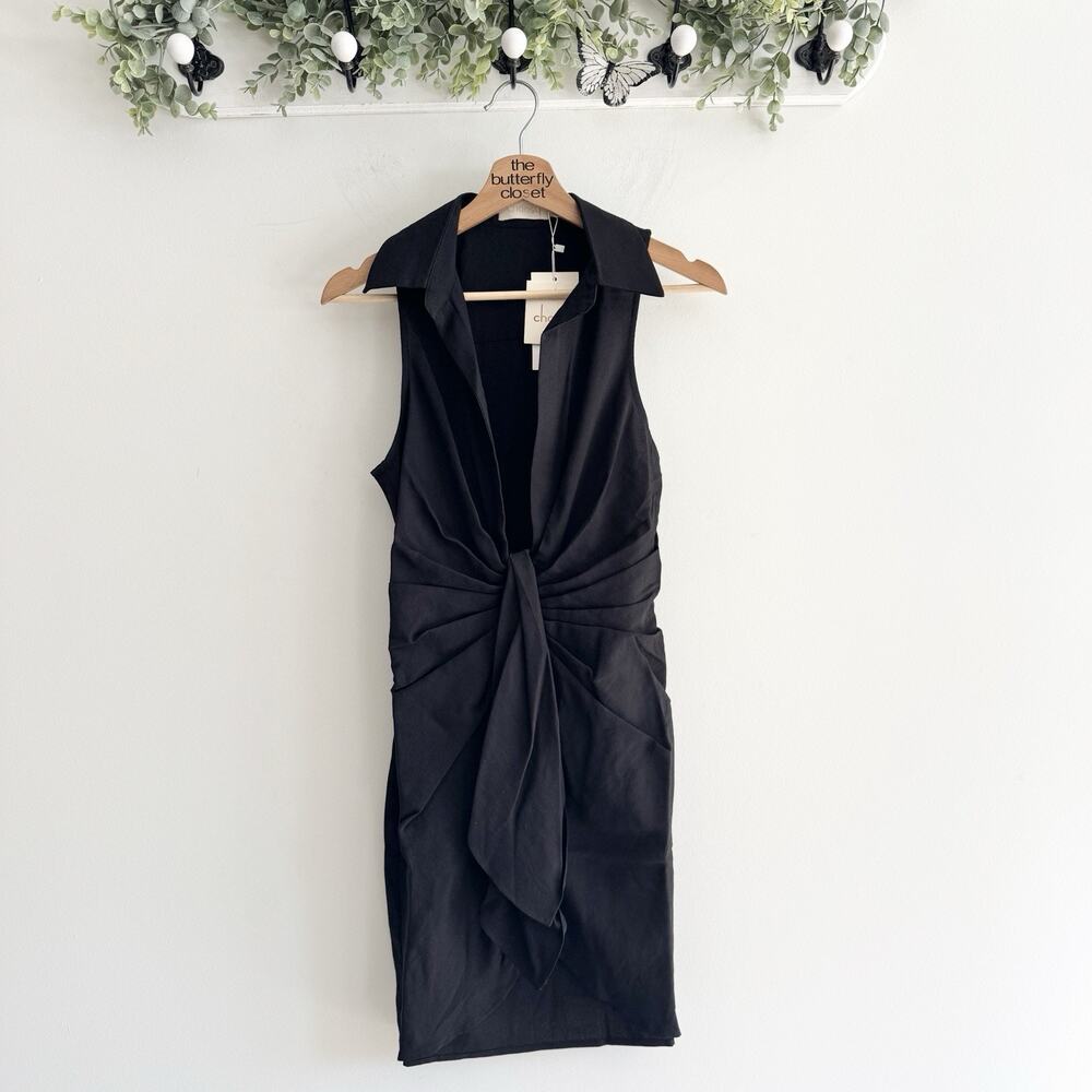 Choosy black deep V-neck sleeveless gathered waist shirt Dress New Size 10